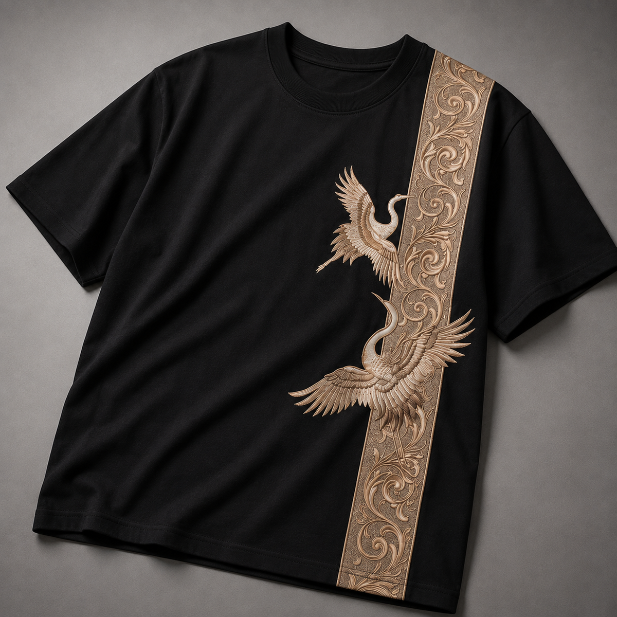 Crane Embroidered Oversized T-Shirt — Black