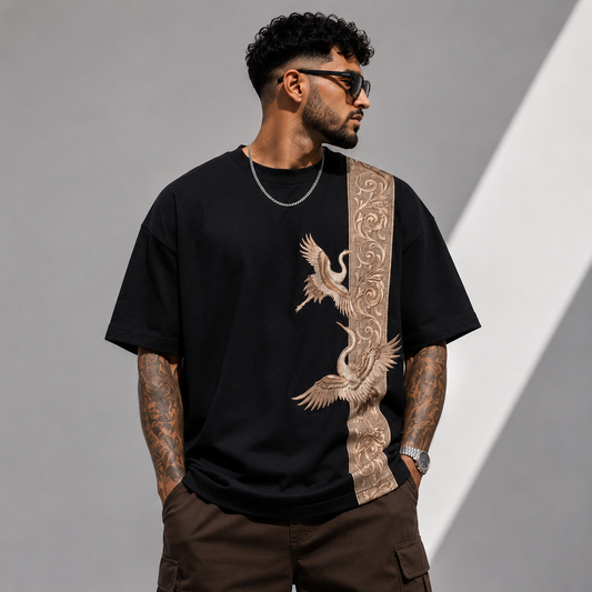 Crane Embroidered Oversized T-Shirt — Black