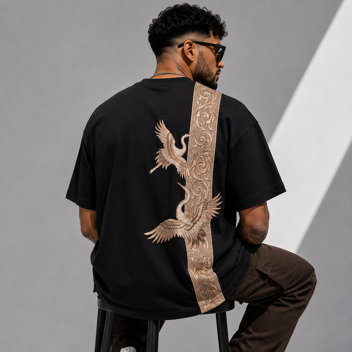 Crane Embroidered Oversized T-Shirt — Black