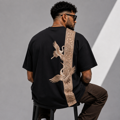 Crane Embroidered Oversized T-Shirt — Black