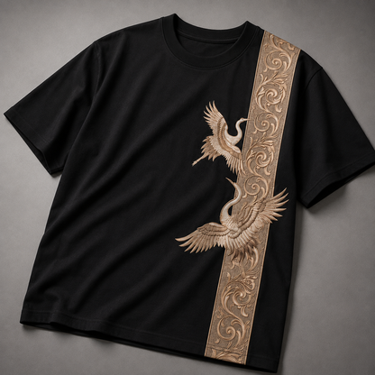 Crane Embroidered Oversized T-Shirt — Black