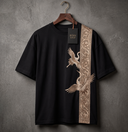 Crane Embroidered Oversized T-Shirt — Black